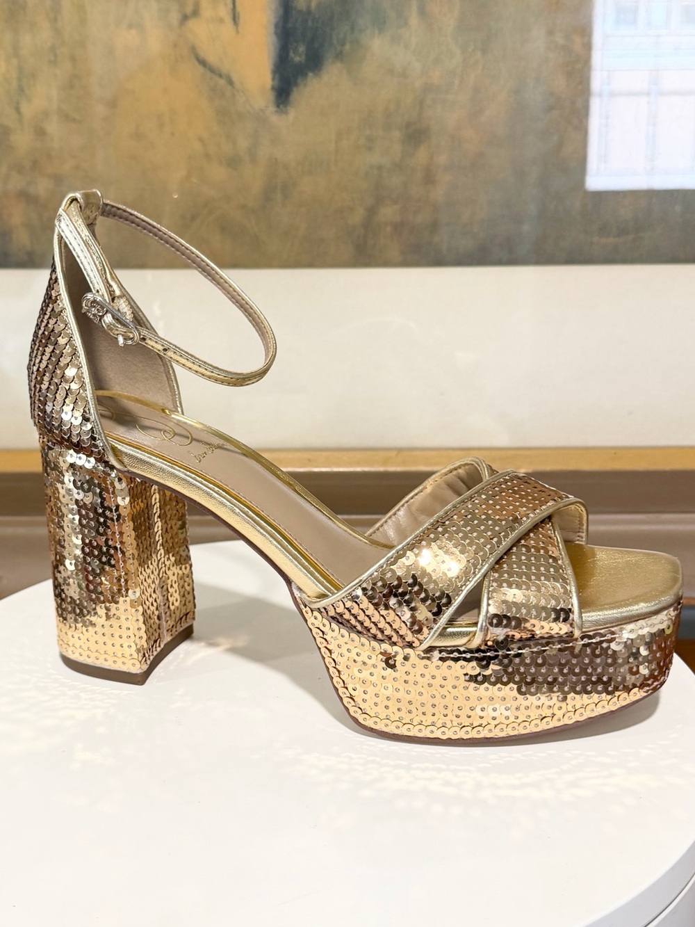 🌸SAM EDELMAN🌸 Jullian2 Platform Amber Gold Sequin Sandal Size: 6.5 - Picture 4 of 11